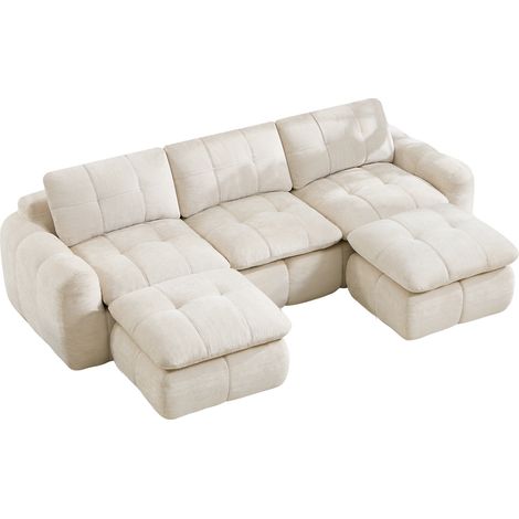 Divano Modulare a U 3 Posti con 2 Ottomani, Senza Struttura, Schiuma 32D, Chenille Beige (1/5)