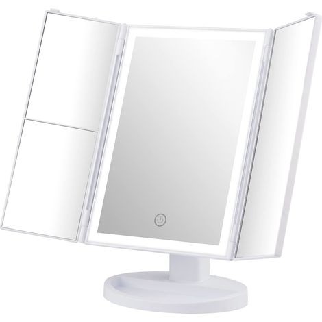 Miroir Maquillage Lumineux LED, Miroir Triptyque Grossissement 1X/2X/3X, Rotation 180°, Commande Tactile, USB ou Piles, Luminosité Réglable, Blanc (1/5)