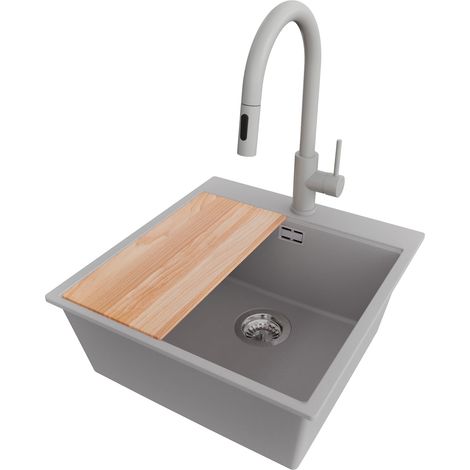 PRIMAGRAN Evier Cuisine en Granit 48x50cm,Lavabo 1 bac + Robinet 40x20cm + Kit de Vidage + Planche à Découper, Évier à Encastrer au meuble 50cm - Oslo, Gris (1/5)