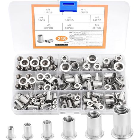 218 Pcs Insert Fileté Metal, Ecrou a Sertir, écrous à Sertir à Tête Plate en acier inoxydable, manchons filetés pour plaques et tubes métalliques, M3 M4 M5 M6 M8 M10 (1/5)