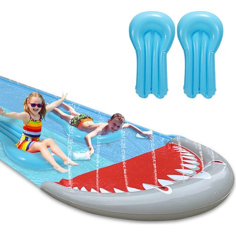 Wolketon Doppel-Wasserrutsche 550x145cm mit 2 Bodyboards, Sprinkler & Aufblasbarem Aufprallschutz, Faltbar für Garten & Rasen