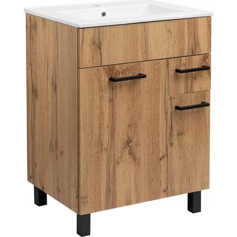 STAMAR  Badezimmerschrank mit Waschbecken - 60 x 47 cm - Eiche Wotan - Modernes Design - mit Schublade und Füßen