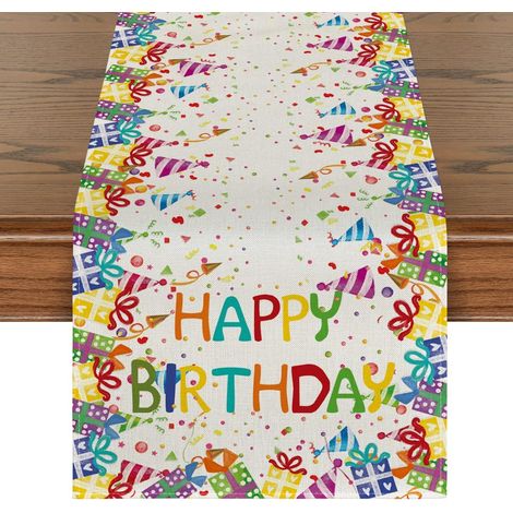 Nappe « Joyeux anniversaire » avec chapeau à pois et cadeau - 33 x 122 cm, décoration de table pour la cuisine, les repas en extérieur et les réunions de famille (1/5)