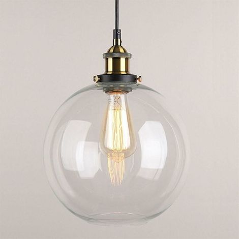 Glass Pendant Light Vintage Finish Industrial Metal Clear Glass Round Ball Shade Loft Pendant Lamp Retro Lamp Vintage Ceiling Light (Transparent, 20CM) (1/5)
