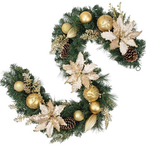 183cm Weihnachtsgirlande mit Kugeln, Magnolien & Tannenzapfen, Gold