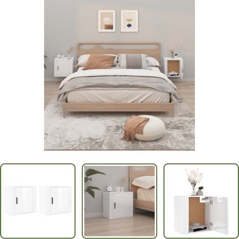 vidaXL Holzwerkstoff - Wand-Nachttische 2 Stk. Hochglanz-Weiß 50x30x47 cm (1/5)