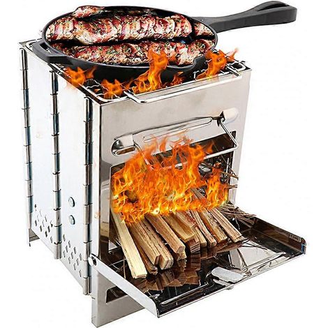 Mini réchaud à bois d'extérieur portable pour le camping, les pique-niques et les voyages, en acier inoxydable, pliable, avec spatule pour barbecue au charbon de bois (1/5)