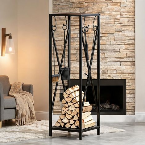 Chevalet de rangement pour bûches en métal noir avec étagères (1/5)
