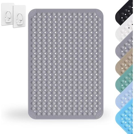 Shower Mat, 60 x 90 cm, PVC Non Slip, Square Machine Washable, with 2 Hooks, Grey (1/5)