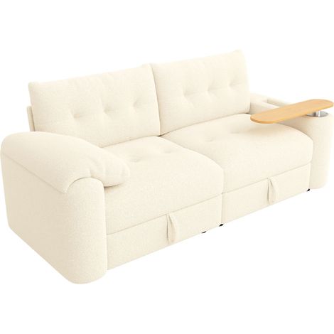 Petit canapé modulaire 3 places en teddy, avec rangement, appuie-tête et table d’appoint intégrée – canapé-lit gain de place pour appartement, salon et chambre d’amis, beige (1/5)
