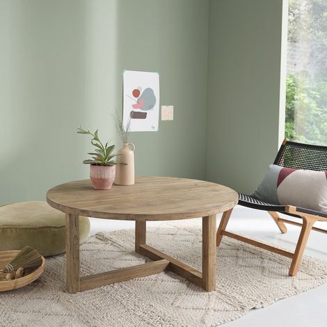 Berah Getah – Table basse ronde en teck recyclé massif 100 cm – Hauteur 45 cm – Éco-responsable – Livrée montée – Unique et authentique (1/4)