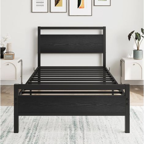 Cama 90x200 cm de metal y MDF negro con somier de láminas y espacio de almacenaje (1/5)