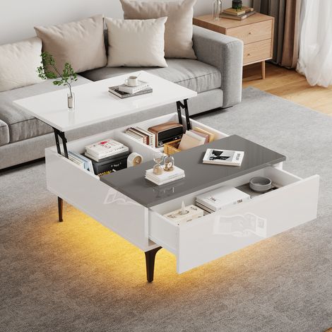 DESMIU Table basse relevable avec tiroir, niches de rangement et LED, pour salon, en MDF, blanc et gris, 70 × 70 × 35 cm (1/5)