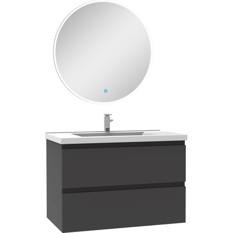 Ensemble Acezanble meuble Salle de Bain Anthracite 80cm simple vasque + miroir lumineux rond