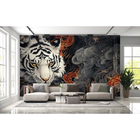 Papier peint animaux - tigre blanc entouré de vagues et de nuages sombres - 150 x 250 cm (1/2)
