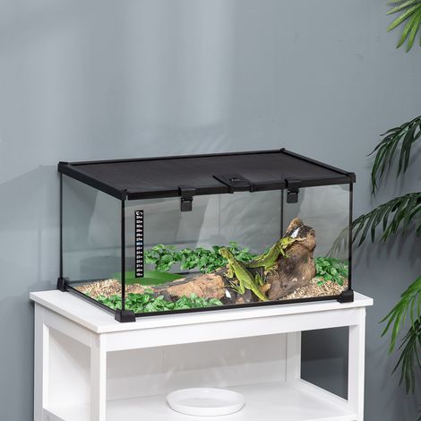 Terrario PawHut, ideale per l'allevamento di rettili, con coperchio scorrevole, rete metallica, abbeveratoio e termometro inclusi, in vetro e metallo, dimensioni 50x30x25 cm, colore nero.