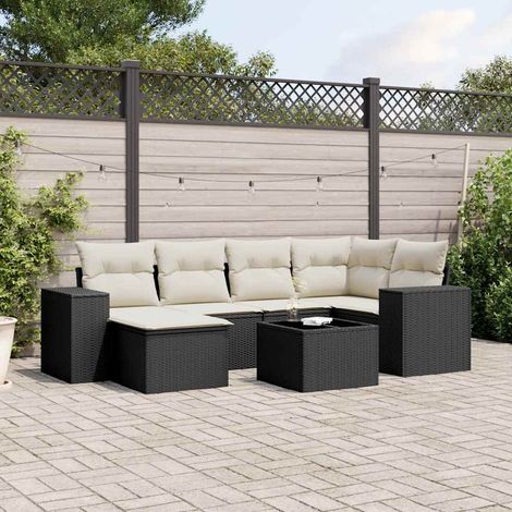 Salon de jardin 7 pièces noir résine tressée avec coussins crème - Ensemble modulaire canapé d'angle, central, accoudoirs, table et repose-pieds - Verre trempé, housses lavables, résistant aux intempé (1/5)