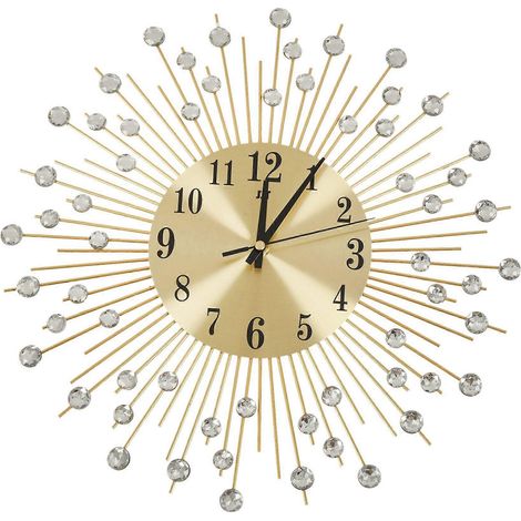 Horloge murale ronde décorative en métal doré, ornée de diamants, idéale pour le salon. Horloge à quartz silencieuse et moderne au style minimaliste. (1/5)