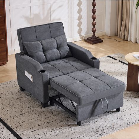3-in-1 Schlafsessel (74 x 87 x 84 cm), verstellbar, ausziehbar zum Gästebett, mit USB-Anschluss, Holz und Metall, dunkelgrau (1/5)
