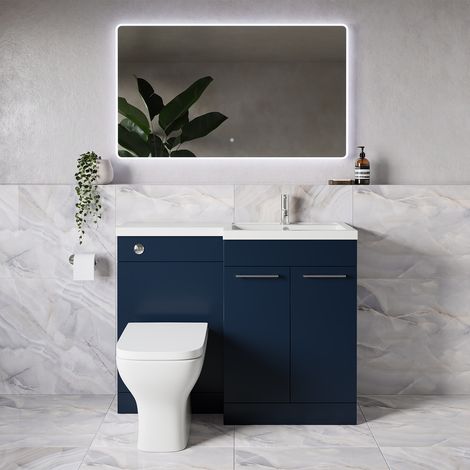 Napoli 390 Deep Blue 1100mm 2 Door Vanity Unit Toilet Suite with Square Right Hand Lucia Basin - 1100mm - Chrome 160mm HandleWith Kingston Toilet Pan and Seat