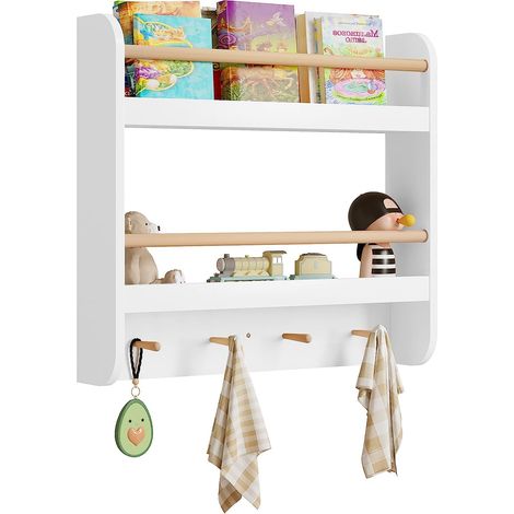 Woltu – Bibliothèque enfant avec 2 étagères de rangement – Dimensions 60x12x55cm – 4 crochets pour vêtements – MDF et bois de pin (1/5)
