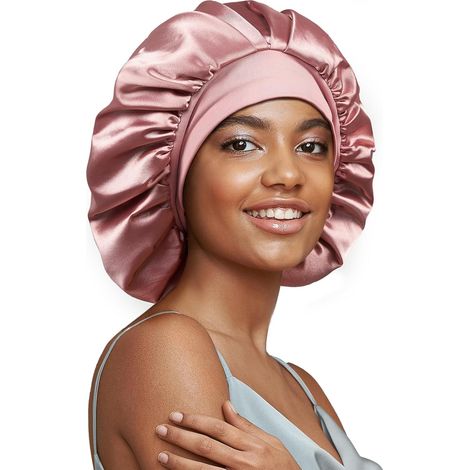 Bonnet de nuit 22 mommes 100% soie de mûrier véritable, grand bonnet de soin pour cheveux longs et bouclés, double épaisseur de soie avec élastique doux, bonnet de nuit antidérapant, rose (1/5)