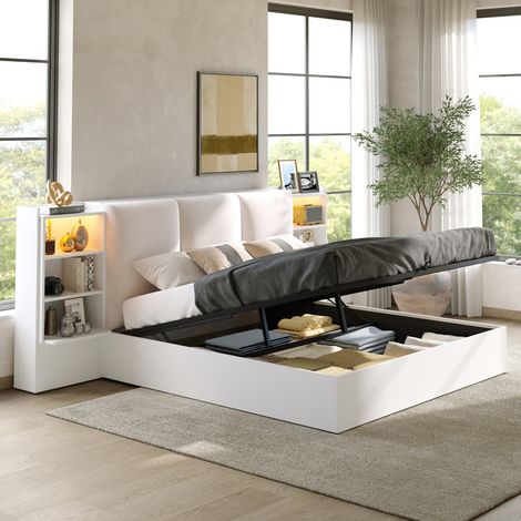 Lit coffre 180x200 cm avec hydraulique, lit 2 personnes en bois avec LED, tête de lit avec 6 compartiments de rangement, blanc (1/5)