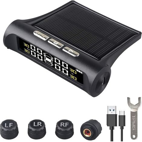 Moniteur de Pression des pneus de Voiture, Affichage de détecteur à 4 Roues, système de Surveillance Solaire TPMS, Alarme de Voiture sans Fil Universelle, pour remorque RV (1/5)