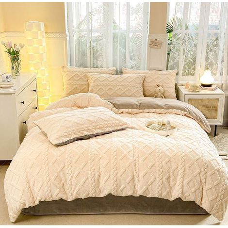 Housse de Couette Flanelle 220x240 cm,Parure de Lit en Polaire Chaud Hiver, Comprend un drap et 2 taies d'oreiller, beige (1/5)