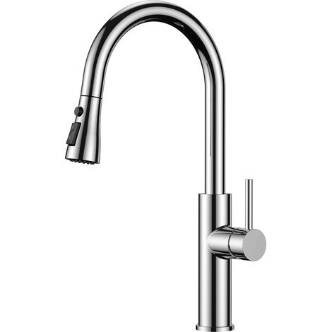 Robinet Cuisine, Mitigeur Cuisine, Pivotant à 360° d'Évier à Arc Élevé Pulvérisateur Escamotable 2 Modes, Acier Inoxydable (1/5)