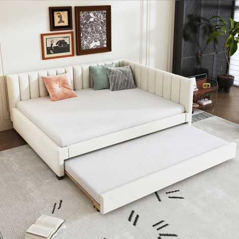 Lit gigogne 140x200 cm, lit enfant, velours, beige, sans matelas