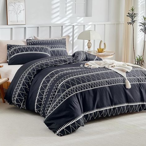 Housse de Couette 220x240 avec 2 Taies d'oreiller 65x65 cm - Design Bohémien - Parure de lit 220x240 Adulte - 100% Microfibre Housse Couette avec Fermetures éclair, Noir (1/5)