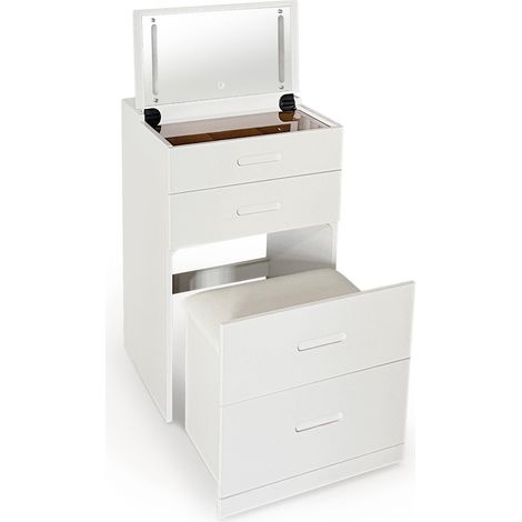 Coiffeuse compacte 48 cm – Miroir LED – Tiroir + Pouf intégré – Blanc – Meuble Maquillage Gain de Place (1/5)