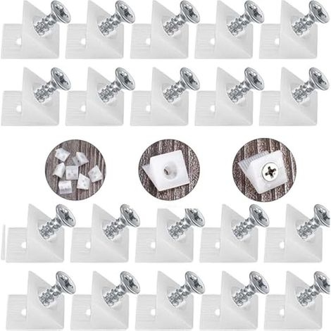 Lot de 20 connecteurs de paroi arrière et 20 vis en acier inoxydable, cales de tiroir, étagères de tiroir, paroi arrière d'armoire, support mural avec vis – Blanc