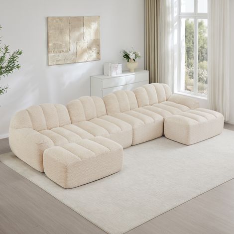 Canapé modulaire en U 4 places beige blanc en fleece granulé avec ottomans (1/5)