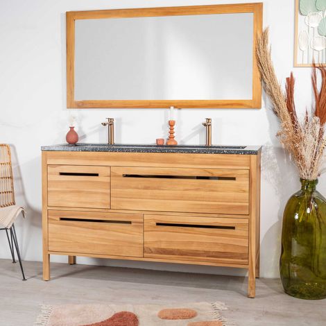 Meuble salle de bain en teck et terrazzo noir Sira 140cm (1/5)