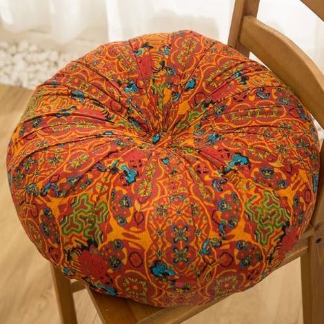BEBUSINGOTO Cojín de suelo estilo bohemio para silla, cuadrado y redondo, para jardín, tatami, ideal para yoga, meditación y fiestas de té (redondo, naranja). (1/5)