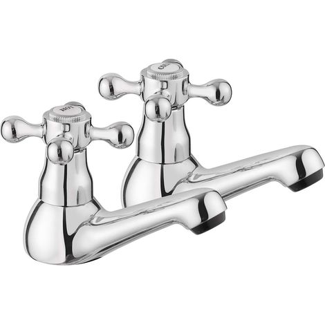 JASSFERRY Traditional Victorian Pair of Basin Taps for Bathroom 1/4 Turn Crosshead Hot and Cold 1/2" Bath Brass Faucet, Polished Chrome