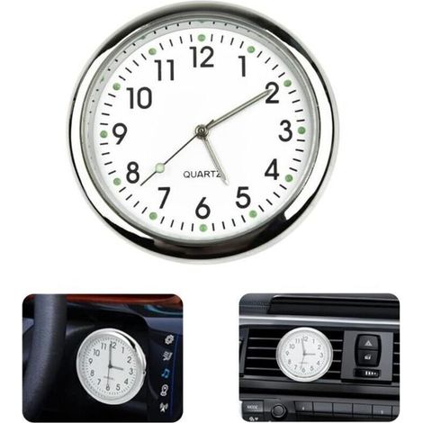 Reloj redondo blanco para coche, adhesivo luminoso para el salpicadero, reloj de cuarzo compatible con todos los coches (con clip para la rejilla de ventilación). (1/4)