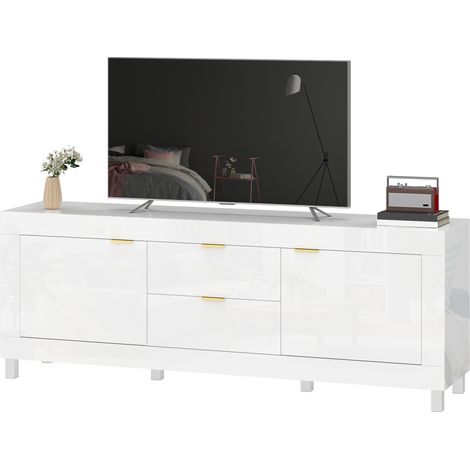 Meuble TV blanc brillant pour téléviseurs jusqu'à 75 pouces, centre multimédia moderne avec 2 placards et 2 tiroirs (1/5)