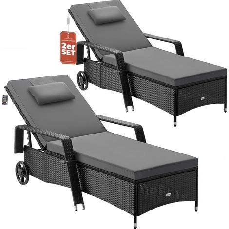 Casaria® Sun Lounger Set of 2 with Wheels, 7cm Cushion, Extra Wide, 90cm Garden Lounger, Weatherproof, 165kg Load Capacity, Patio, Balcony, Furniture, Deck Chair  Schwarz Anthrazit (de) (1/5)
