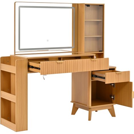 Coiffeuse avec miroir LED, 3 tiroirs, armoire, prises USB et Type-C, étagères en verre - 133x136x40 cm, finition naturelle (1/5)