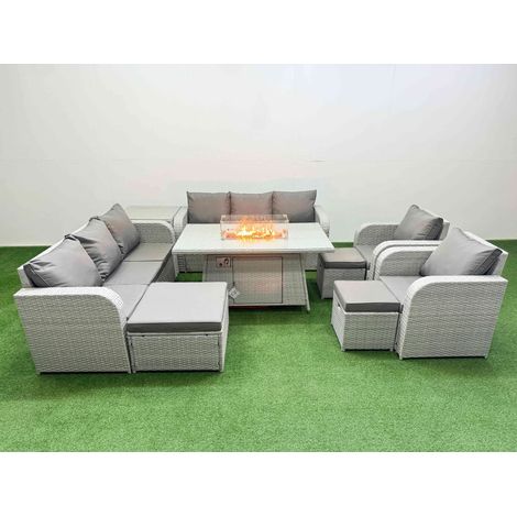 Fimous PE Rattan High Back Lounge Sofa Set Patio Firepit Dining Table & Chairs Set with 3 Seater Sofa Reclining Chair 3 Stools Side Table Light Grey (1/4)