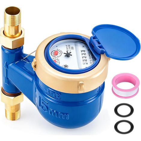 Compteur d'eau de Jardin 1/2 Pouce Calibré, Raccords en Laiton, Compteur d'eau Froide avec Accessoires de Montage, Compteur de Robinet pour la Maison, Le Jardin et Un Usage Domestique (1/5)
