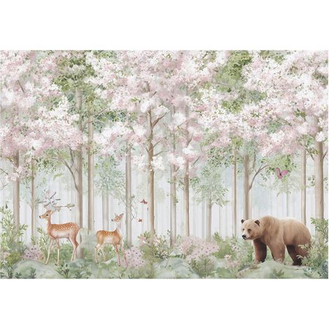 Papier peint mural forêt arbres biches enfant intissé grand format design intérieur chambre enfant pas cher 200x140 cm (1/5)