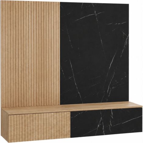 Ensemble meuble TV mural Noir I - Bois MDF chêne Cremona et effet marbre noir - 160 x 148 x 35 cm - Livraison gratuite (1/5)