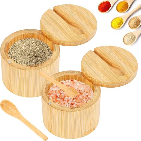 Lot de 2 Boîte à sel Bambou Couvercle magnétique Cuillère incluse Rangement épices Cuisine (1/5)