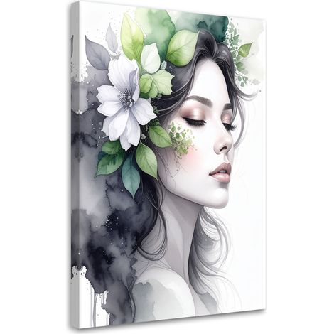 Wandbild Frau mit grünen Blumen auf dem Kopf 60x90 cm (1/5)