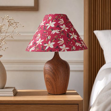 Lampe de chevet rétro style nordique, abat-jour en tissu imprimé magnolia rouge, pied en bois, 36cm, E27, variateur 3 couleurs, télécommande (1/4)