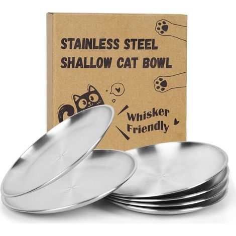 Set aus 6 Katzennäpfen, 17 cm breit, aus Edelstahl SUS 304, flach, für Trocken- und Nassfutter, um die Ermüdung der Vibrissen zu verhindern.
